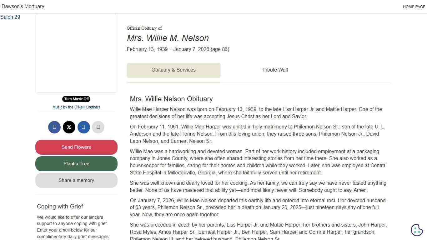 Obituary for Mrs. Willie M. Nelson
